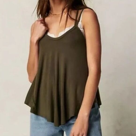 NWOT Free People Rock your world Tank Olive Green Flowy Strappy XS Viscose Relax - Picture 1 of 13